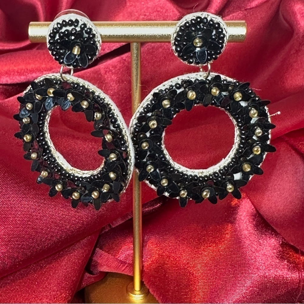 Francesca’s Black Sequin Floral Beaded Statement Earrings NWT
